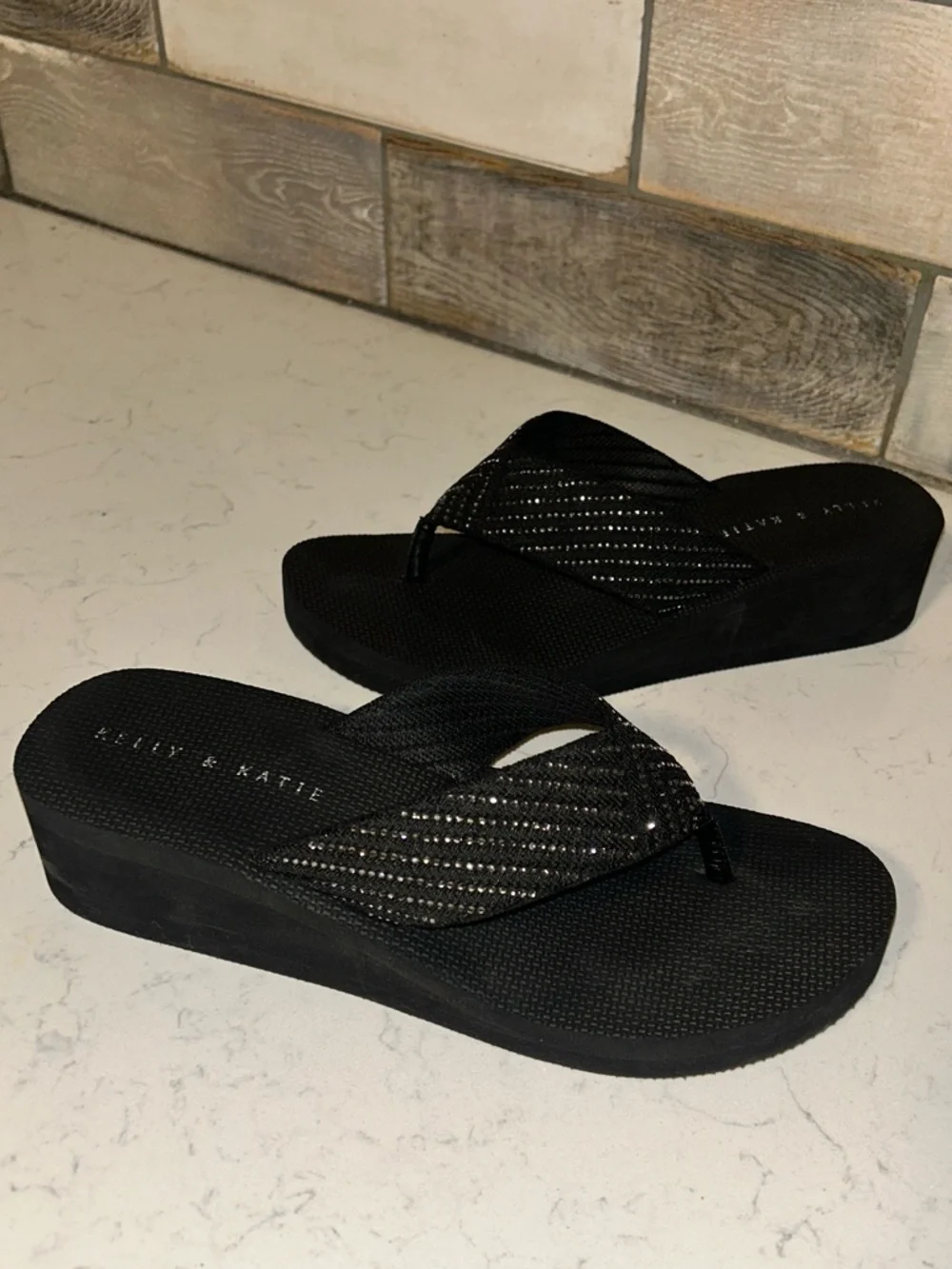 Kelly & Katie Black Wedge Flip Flop Thong Platform Sandal with Rhinestone Accent - Picture 6 of 16